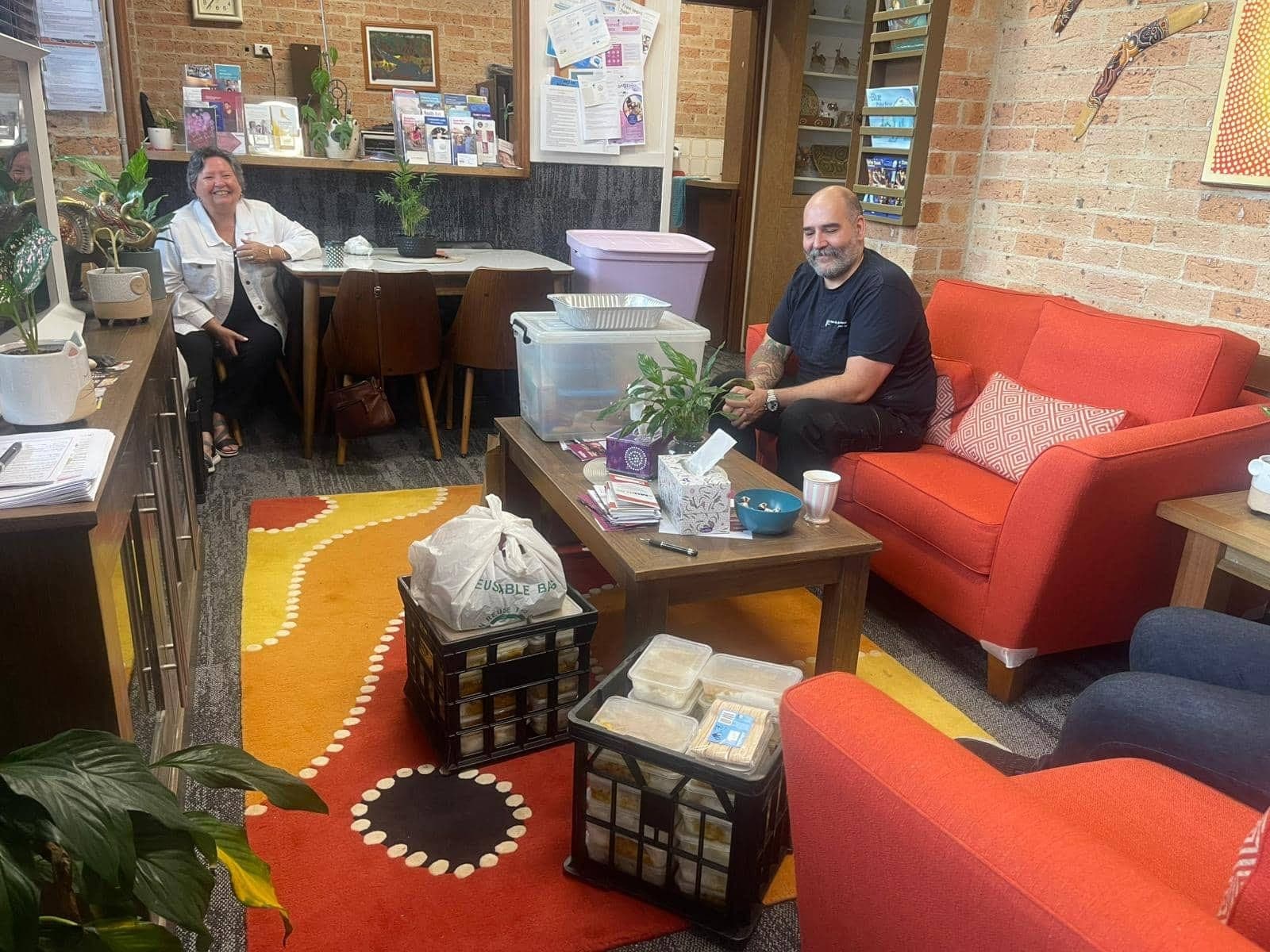 A community support space with donated goods